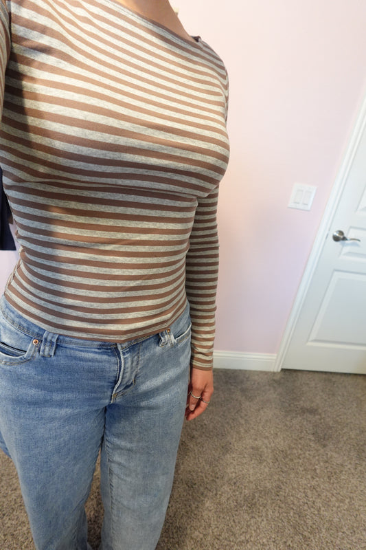 Boat Neck Striped Top MOCHA