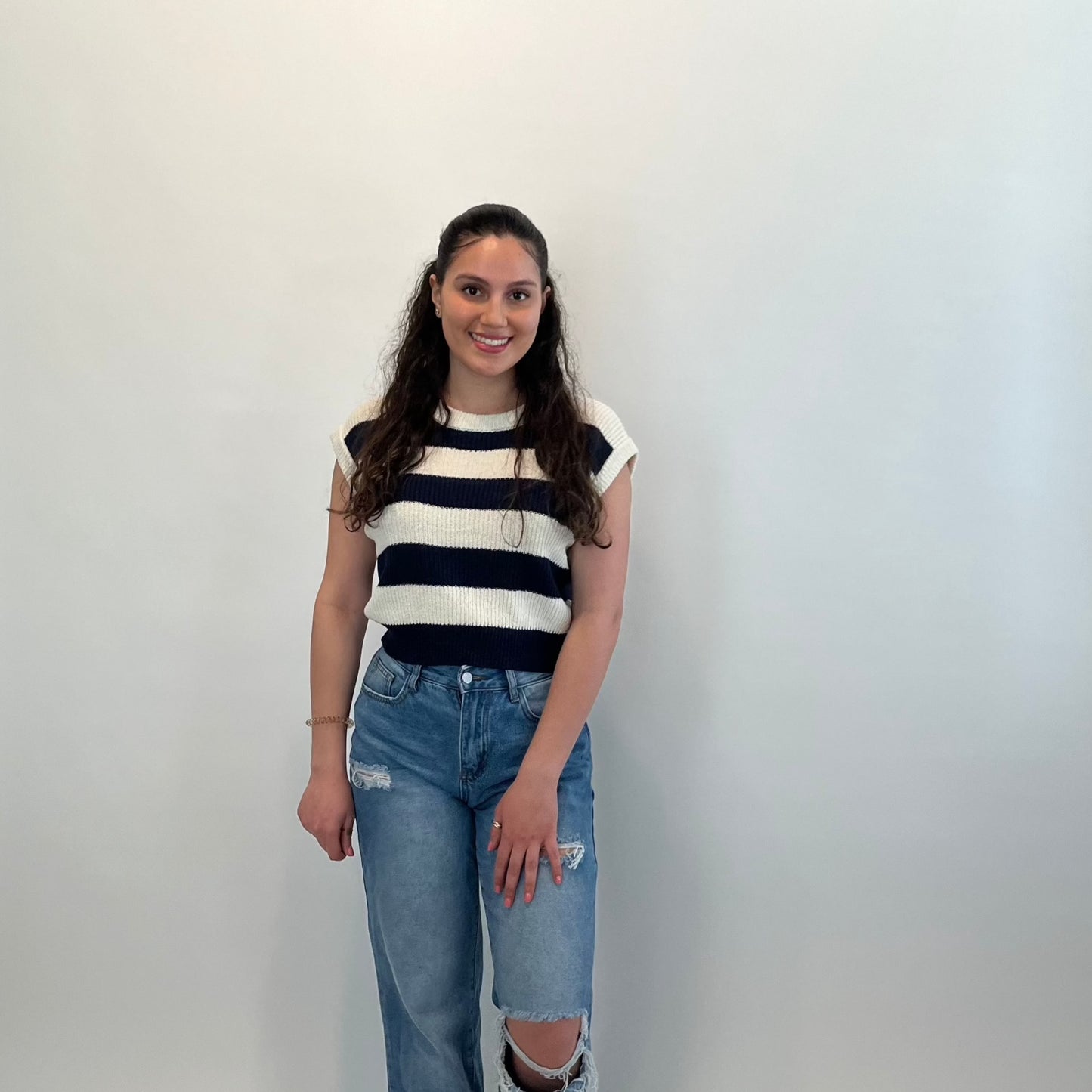 Navy Striped Crochet Top